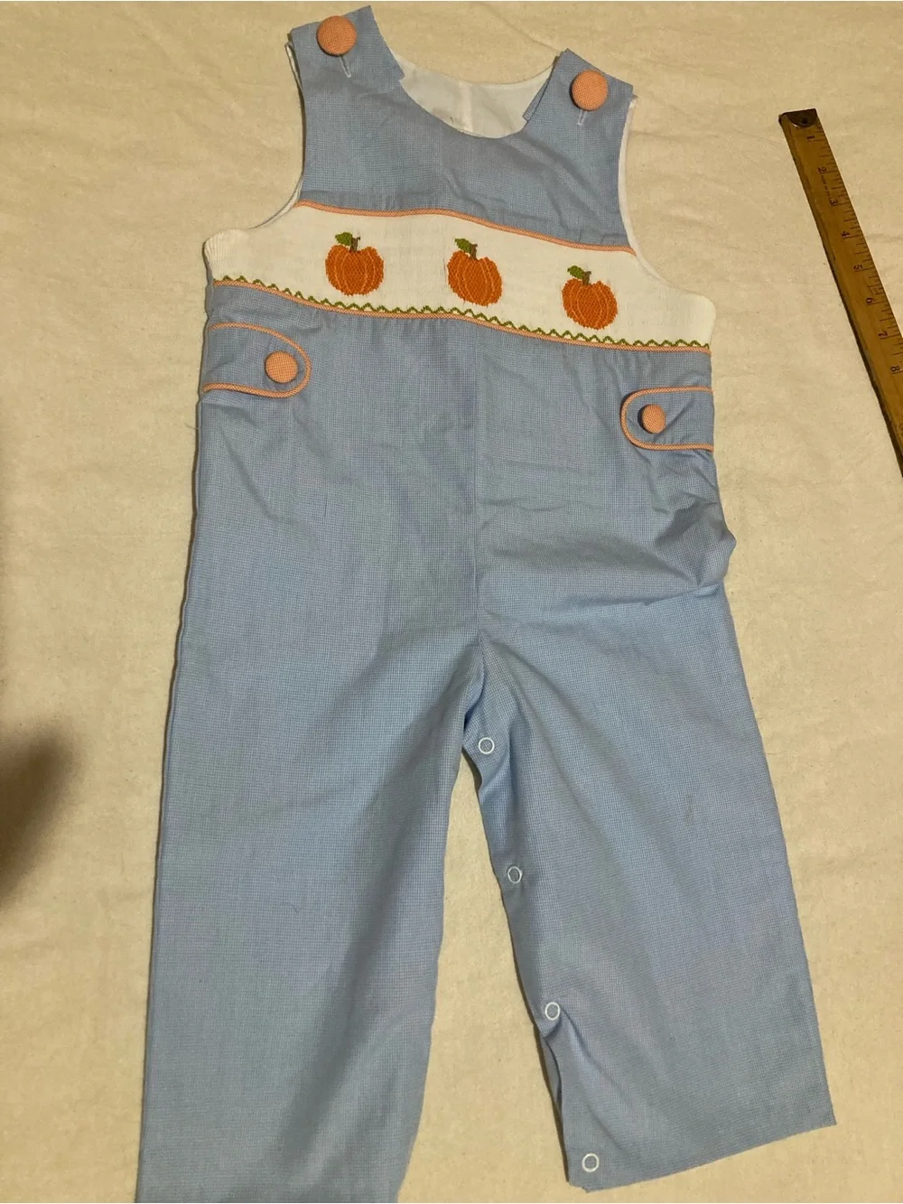 Kids Blue Smocked One-Piece with Orange Pumpkin Embroidery